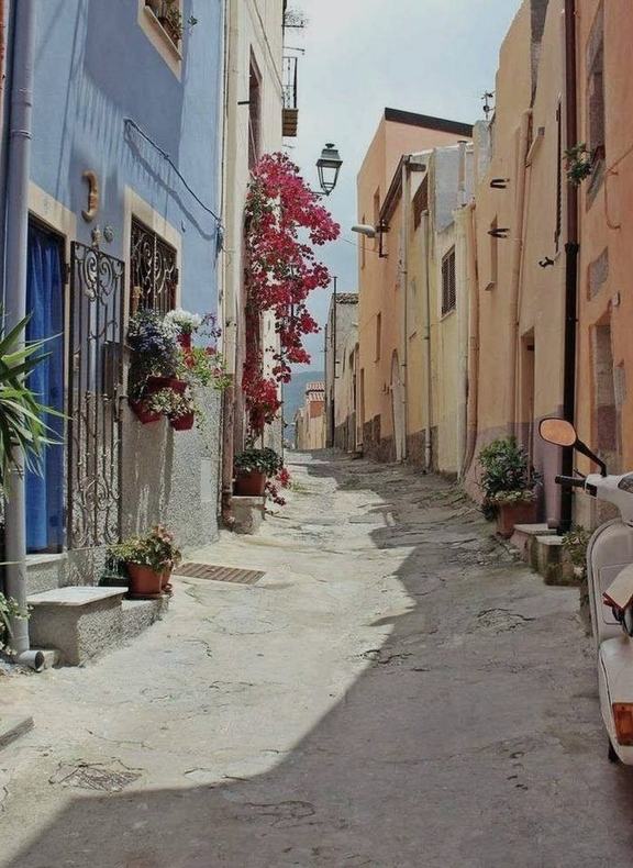 A narrow Mediterranean alley with bougainvillea in flower