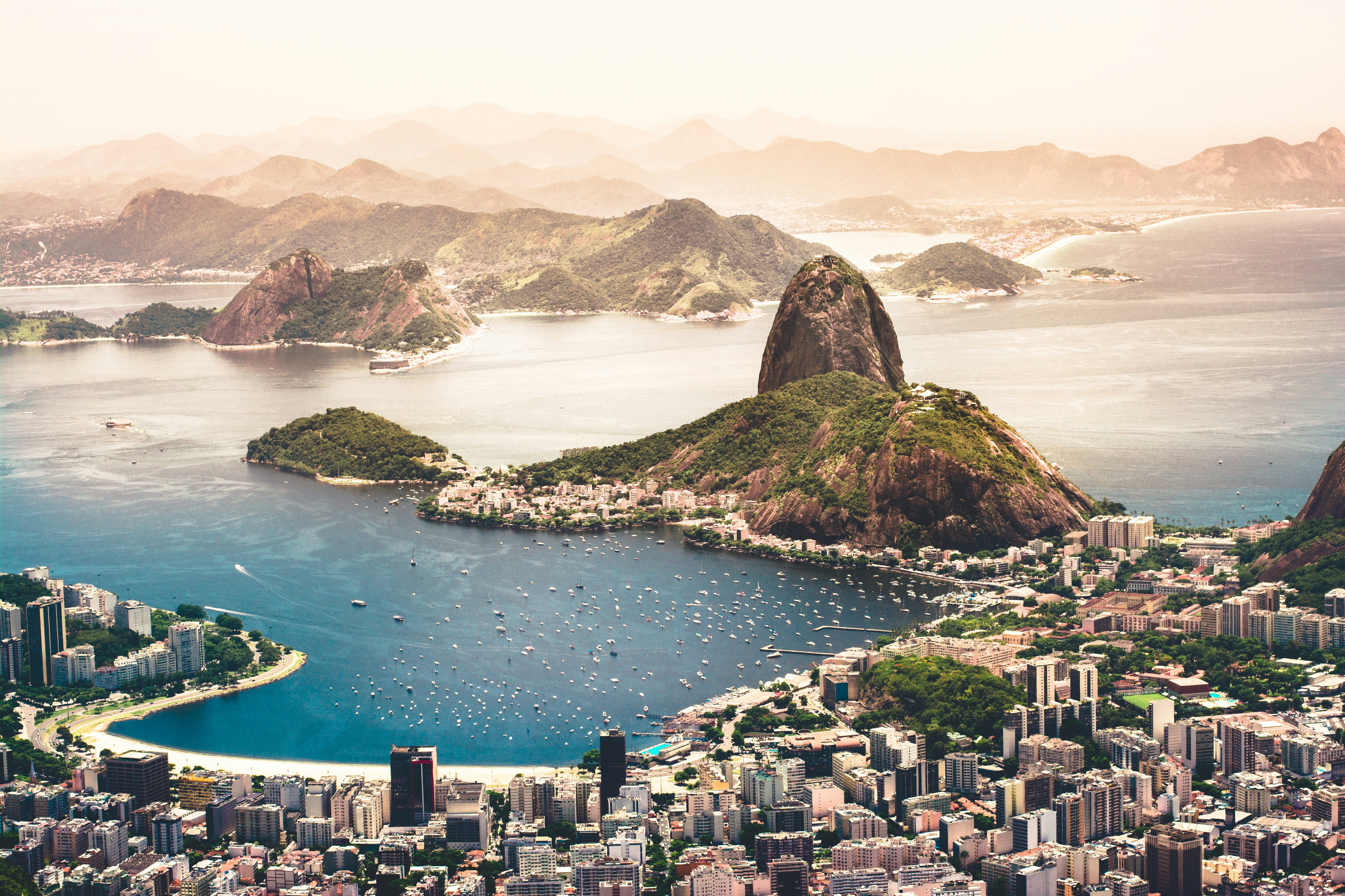 Aerial view of Rio de Janeiro with Sugarloaf Mountain rising from the bay