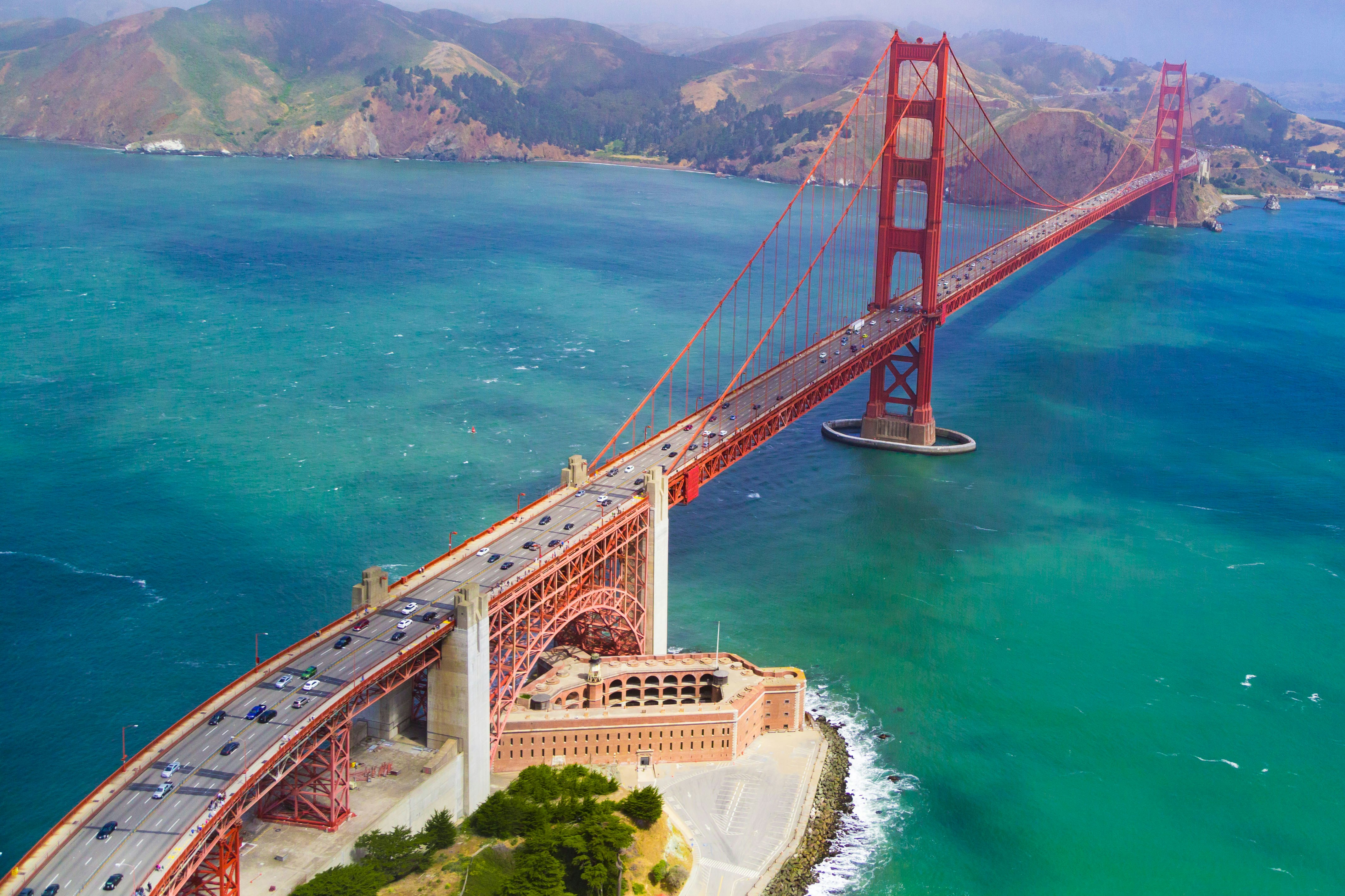 Aerial view of the Golden Gate Bridge spanning San Francisco Bay